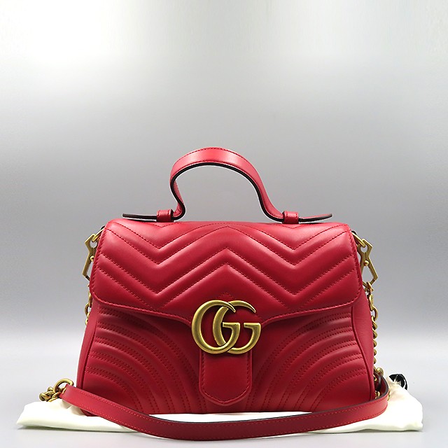 Gucci 498110 Red Leather Matelassé Marmont Gold Top Handle Tote with Shoulder Strap
