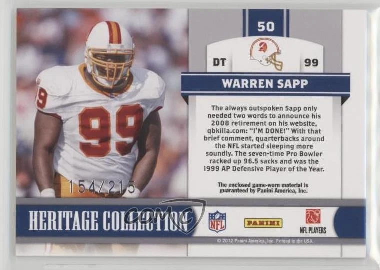 2011 Panini Totally Certified Heritage Collection Materials /215 Warren Sapp HOF - Image 2 of 2