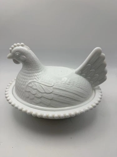 Vintage Milk Glass Hen On Nest Covered Dish Chicken Candy Dish Farmhouse Decor