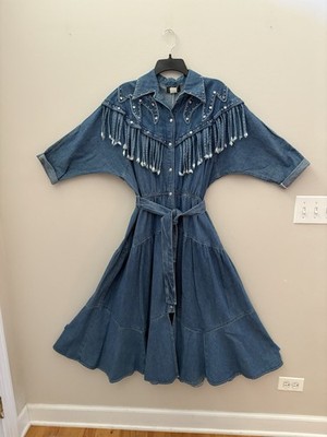 Vintage Fringed Rhinestone Denim Dress Maxi Festival Cowgirl Swing Sz Med 80's | eBay Vintage Fringed Rhinestone Denim Dress Maxi Festival Cowgirl Swing Sz Med 80's | eBay