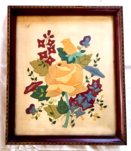 VTG Embroidery Quilted Marghab Applique Art Wall Décor Flowers 11" x 13" Framed