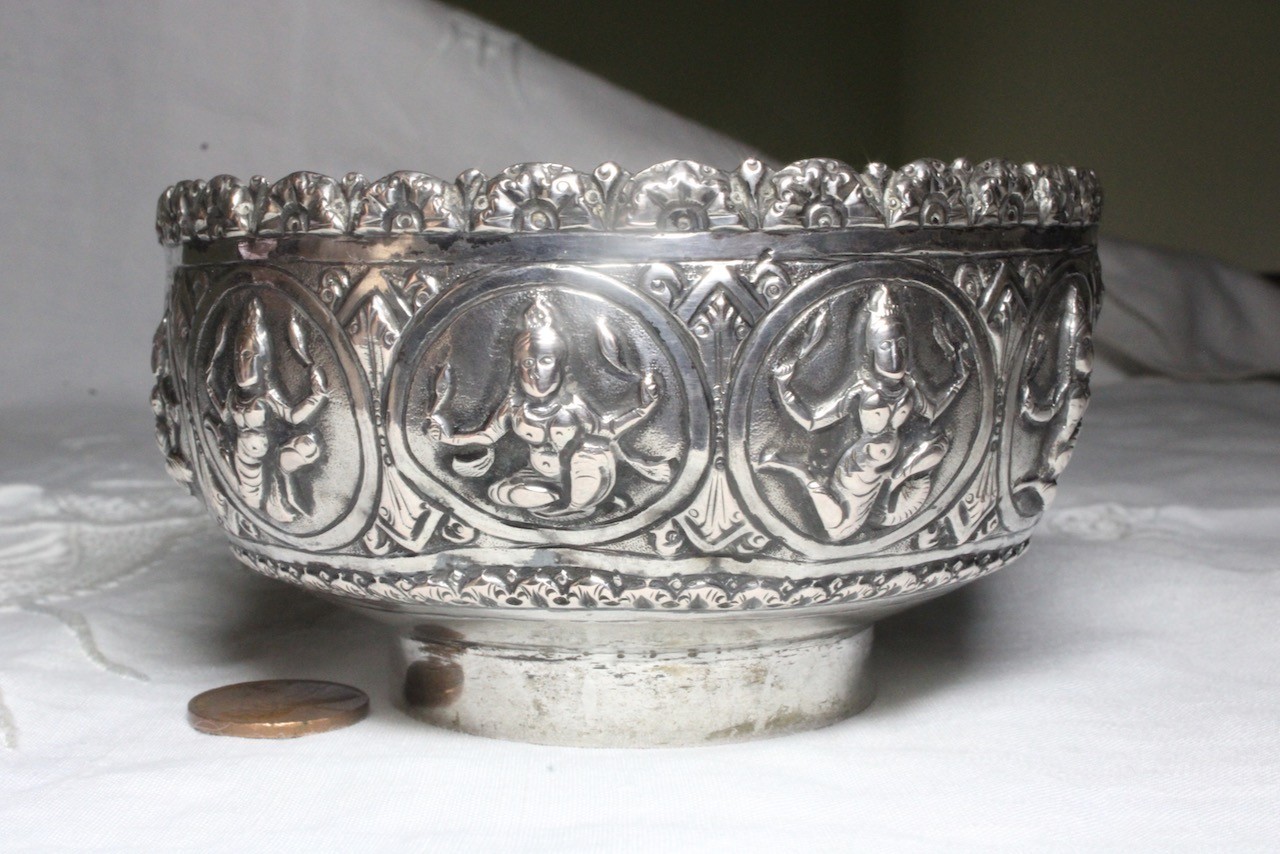 Antique Silver Repousse Burma, Sri Lanka? Hindu Buddhist Dancers Offering Bowl