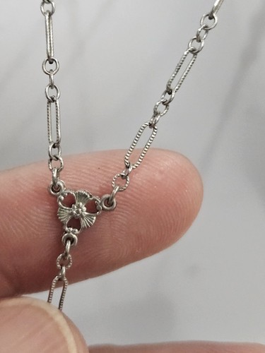 Antique Art Deco Amethyst Glass Faux Pearl Filigree Rhodium Plated Necklace 23" - Picture 8 of 14