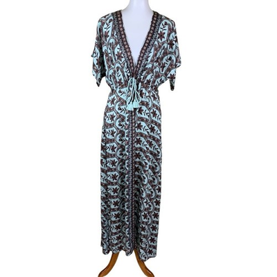#ad Omika Boho Maxi Dress Aqua Brown Floral Resort Vacation One Size $116.25
