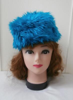 Vintage 70er Jahre türkis Kunstfell Baskenmütze Stil Wintermütze mit geripptem Hutband