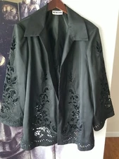 VICTOR COSTA Women's Long Black Laser Cut Open Front Collared Duster Blazer 2X