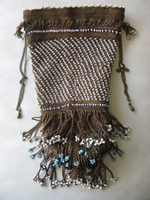 Antique Textile Victorian Brown Crochet Turquoise White Bead Miser Purse 1890s