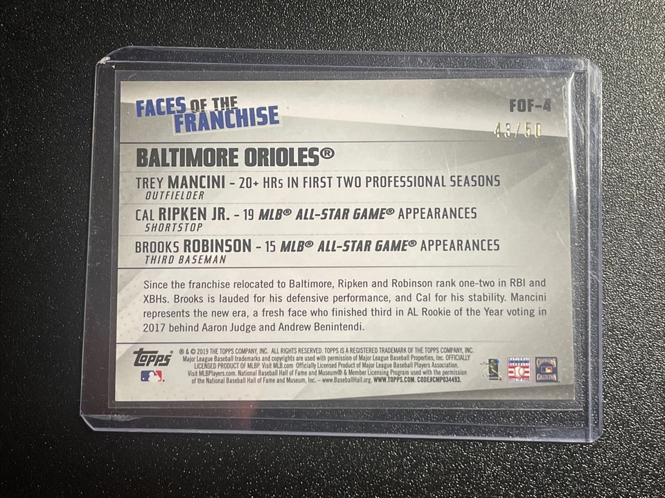 2019 Topps Faces Of The Franchise Gold Mancini Ripken Robinson # /50 - Image 2 of 2