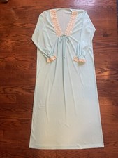 Vintage Sears 70s Tricot Long Nightgown Vneck lace neck and cuffs baby blue Sz36