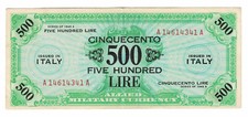 Banconota 500 LIRE AM OCCUPAZIONE MILITARE ALLEATA 1943 A BILINGUE RARITà RR R2