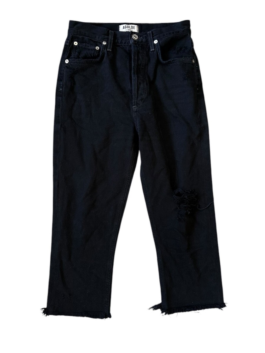 Agolde Riley Jeans High Rise Straight Crop Black Distressed
