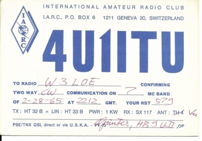 QSL 1965 ITU Geneva Switzerland   radio card