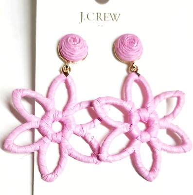 J.Crew Factory Faux Raffia Wrapped Flower Statement Earring Lotus Bloom Pink New