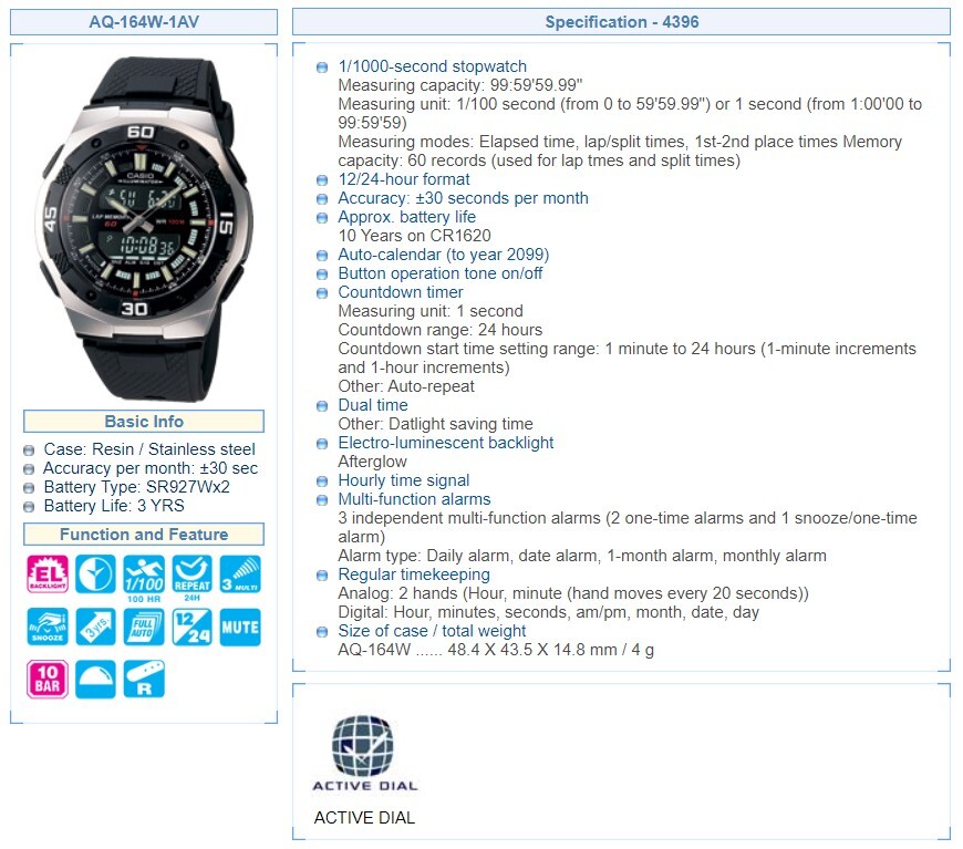 Buy Casio Sports Analog Digital Alarm AQ-164W-1AV watch
