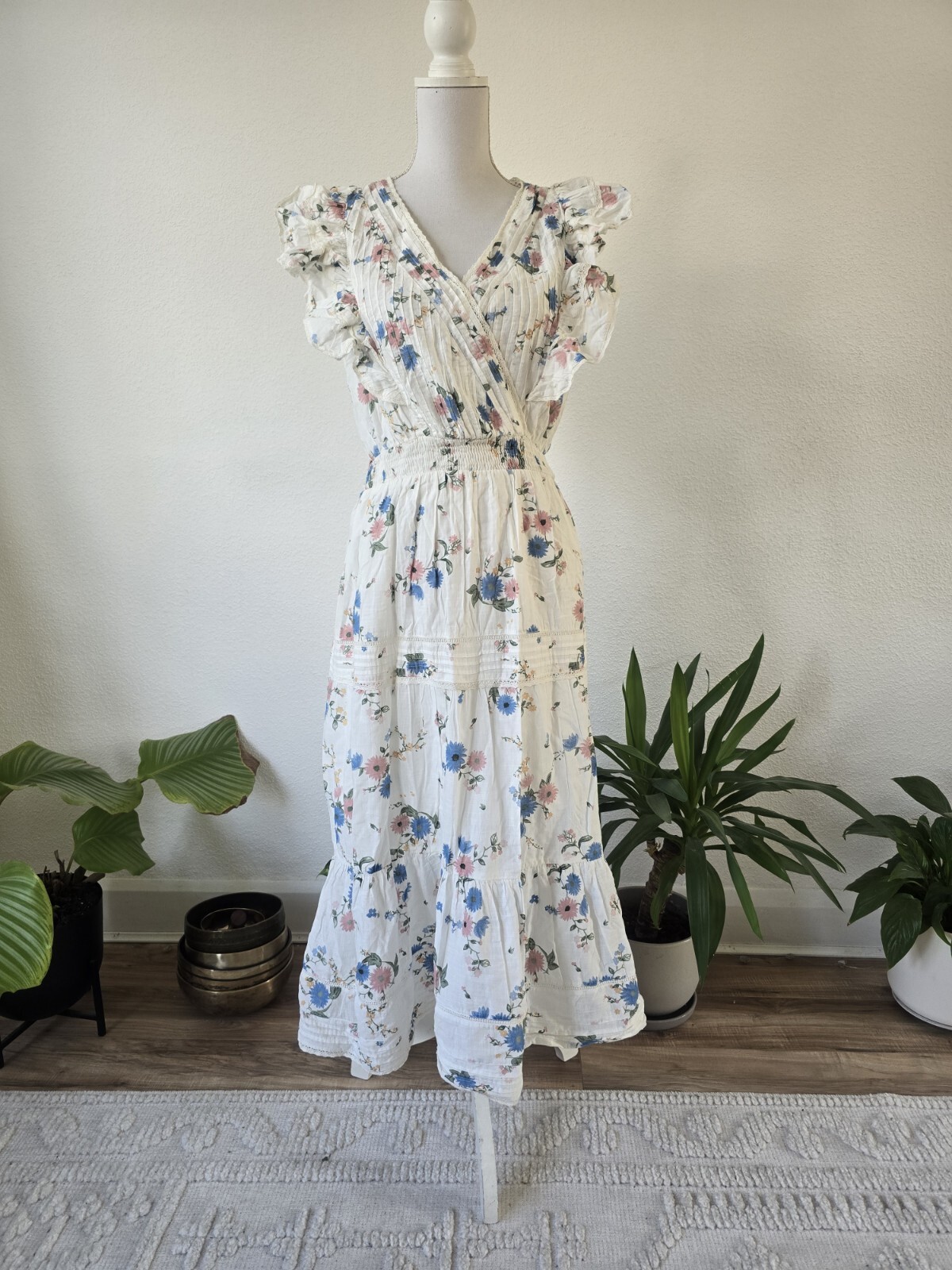 River Island White Floral Frill Embroidered Midi Dress Size 12