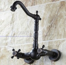 Oil Rubbed Bronze Bathroom Basin Sink Faucet Dual Handles Mixer Tap Wall Mount