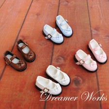1/6yosd BJD PU Leather Flat Shoes Round-toe Buckle Bow Brown/Blue/White/Pink DZ