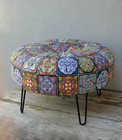 Bohemian Tile Pattern Ottoman, Hair Pin legs Ottoman, Round Pouf