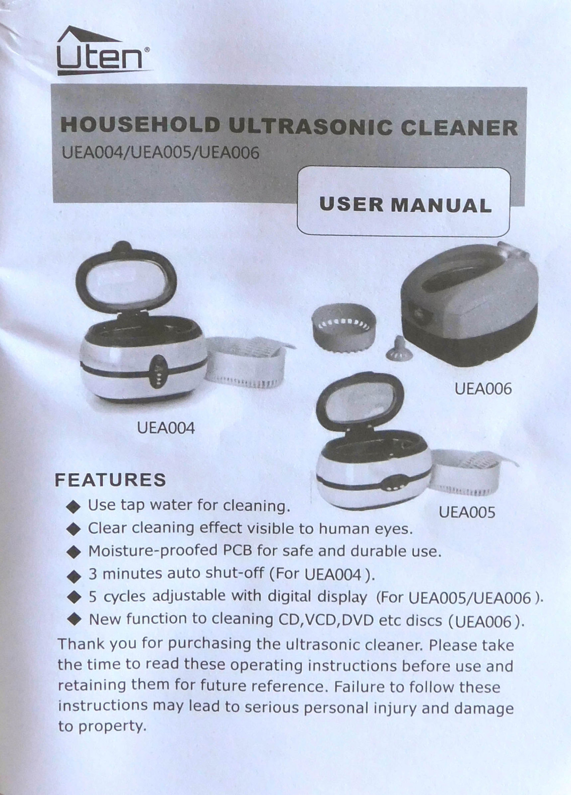 Ultrasonic Cleaner Uten UEA006 eBay