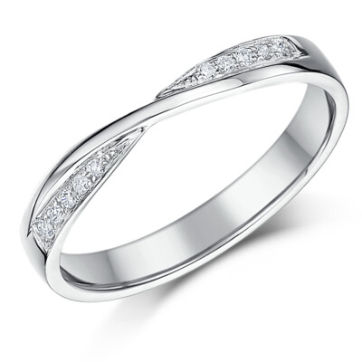 Romantischer Crossover-Diamantring 3 mm 9 kt Weißgold Drehband 10 pt UK punziert