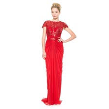 Tadashi Shoji Paillette Lace Tulle Gown Flame Red Maxi Dress Formal Size Medium