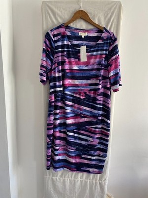 Laura Plus mehrfarbig gestreiftes Kurzarm Stufenkleid Größe 14