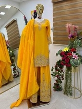 New Fancy Chinon Silk Top Palazzo With Yellow Dupatta For Women And Girls Wear