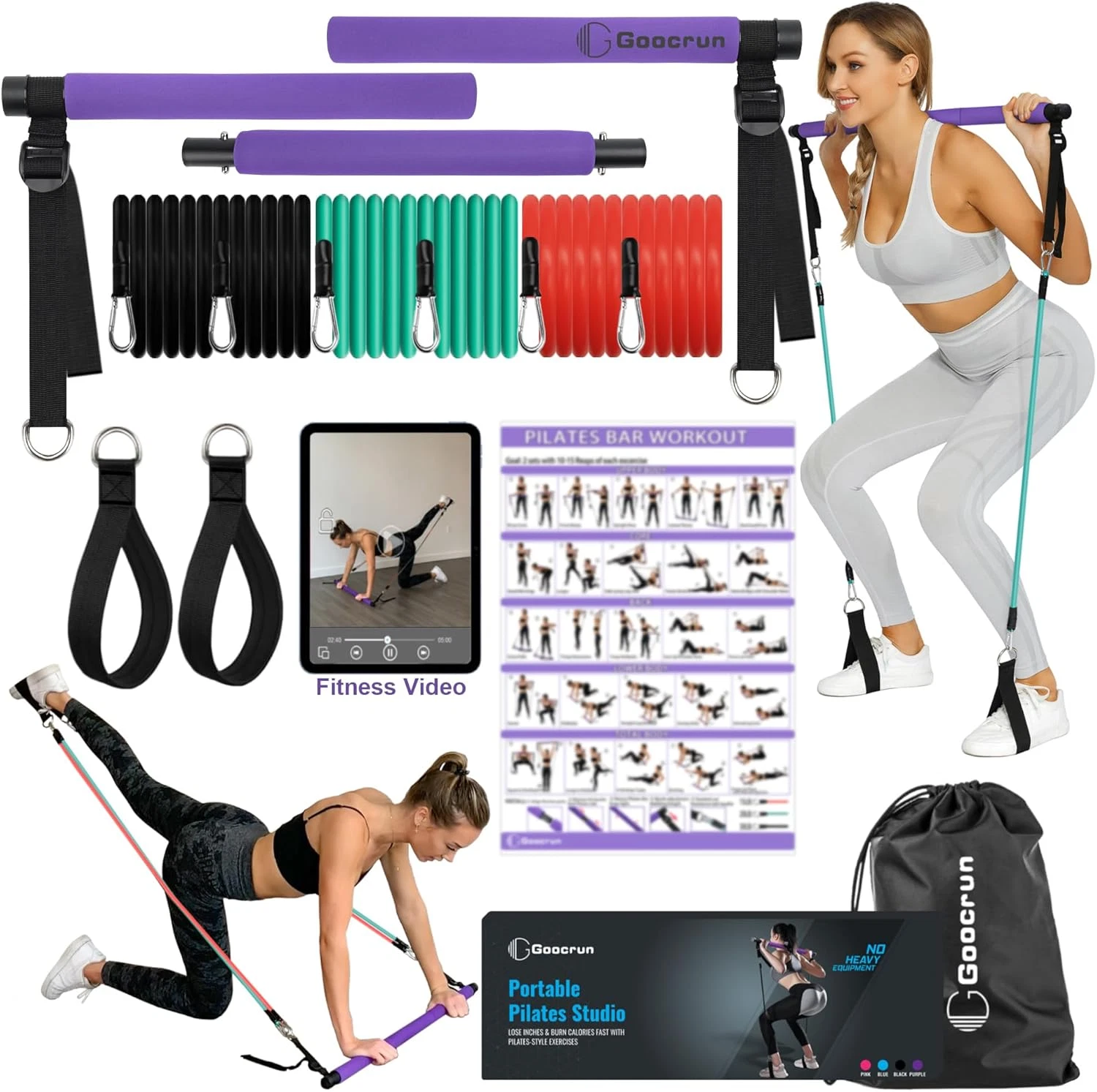 Goocrun Portable Pilates Bar Kit with Resistance Bands for Men and Women