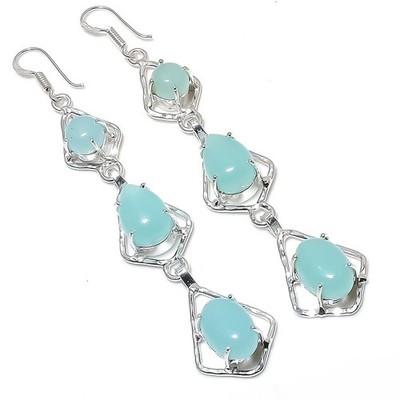 Aqua Chalcedony Gemstone Handmade 925  Sterling Silver Jewelry Earrings Size 3''