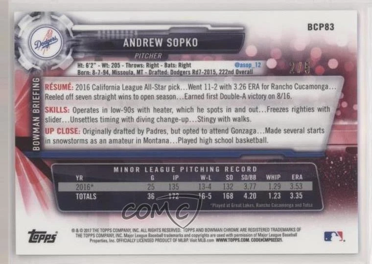 2017 Bowman Chrome Prospects Red Refractor /5 Andrew Sopko #BCP83 - Image 2 of 2