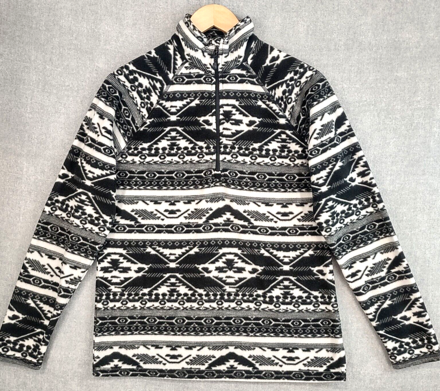 Womens Fleece Jacket Medium Black White Aztec 1/4 Zip Raglan Pullover Soft