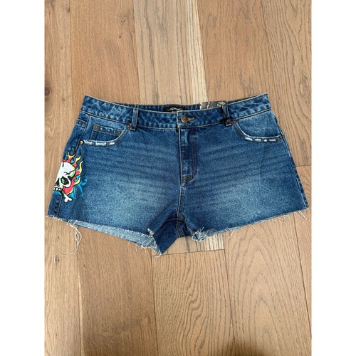 Pantaloncini corti nuovi con etichette Ed Hardy Skull Flame Denim taglio retrò medi 30 WEHD8000-6 - Foto 2 di 7