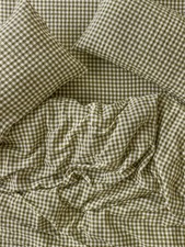 Piglet In Bed - Botanical Green Gingham 100% Linen Duvet Cover Set - Queen