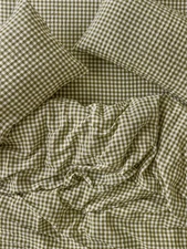 Piglet In Bed - Botanical Green Gingham 100% Linen Duvet Cover Set - Queen