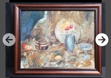 Vintage Oil Painting Still Life Flowers Vase Glassware Signed Framed 26x32