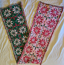Vintage Christmas Poinsettia Floral Woven Fabric Fringed Christmas Table Runner