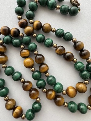 Vintage Chinese Export Bead Necklace Tigers Eye Malachite Silver Clasp Apprx 32 