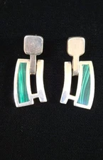 Vintage Taxco Modernist Malachite Sterling Silver Earrings - Estate Find