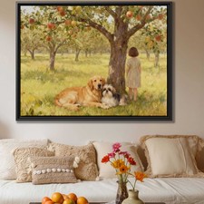 Oil Painting Dogs Golden Retriever Shih Tzu Canvas Print Living Room Decor Art