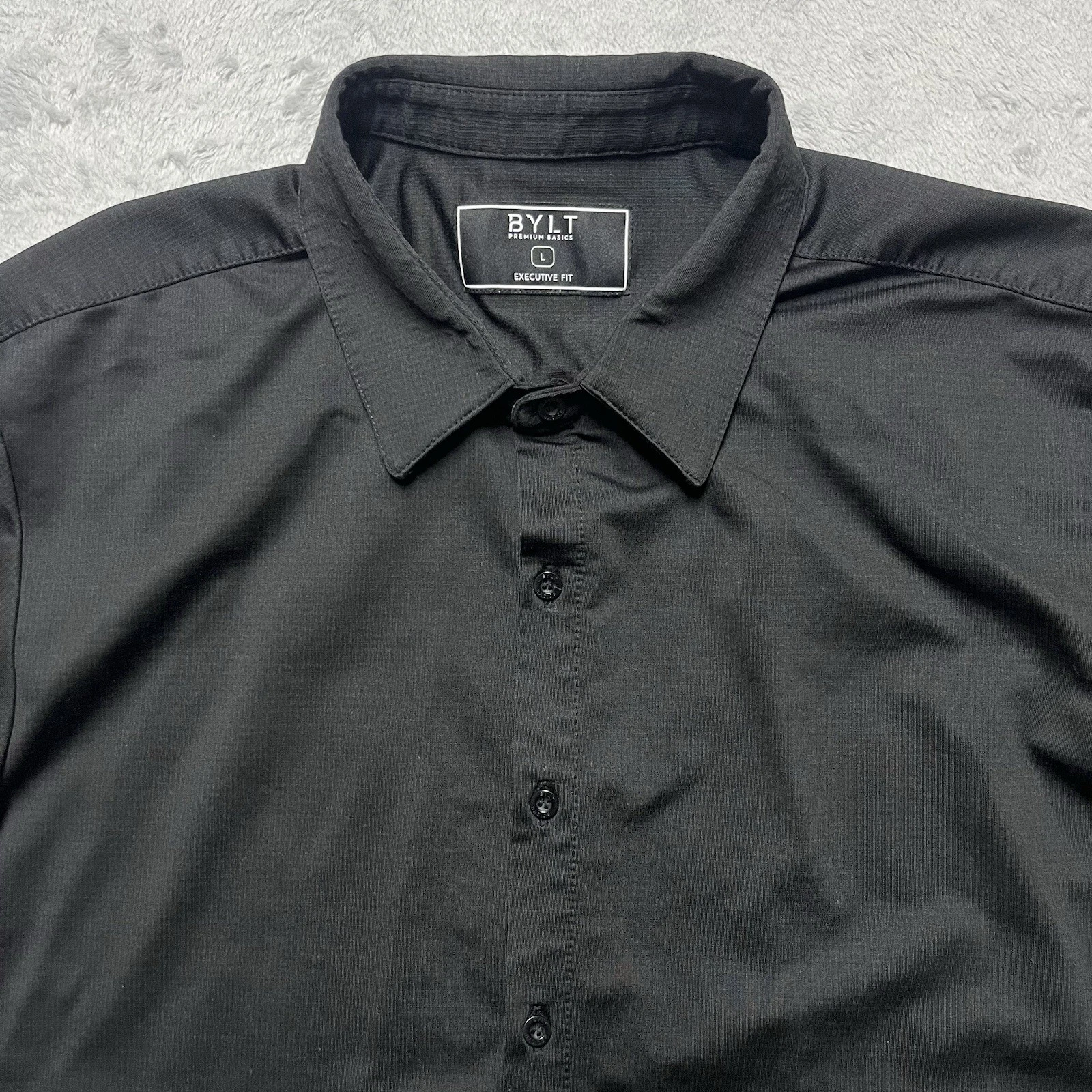 Bylt Executive Fit Shirt Mens L Black Performance Stretch Short Sleeve Button Up