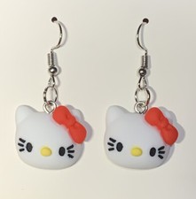 Silver Hello Kitty Red Bow Drop Dangle Earrings 