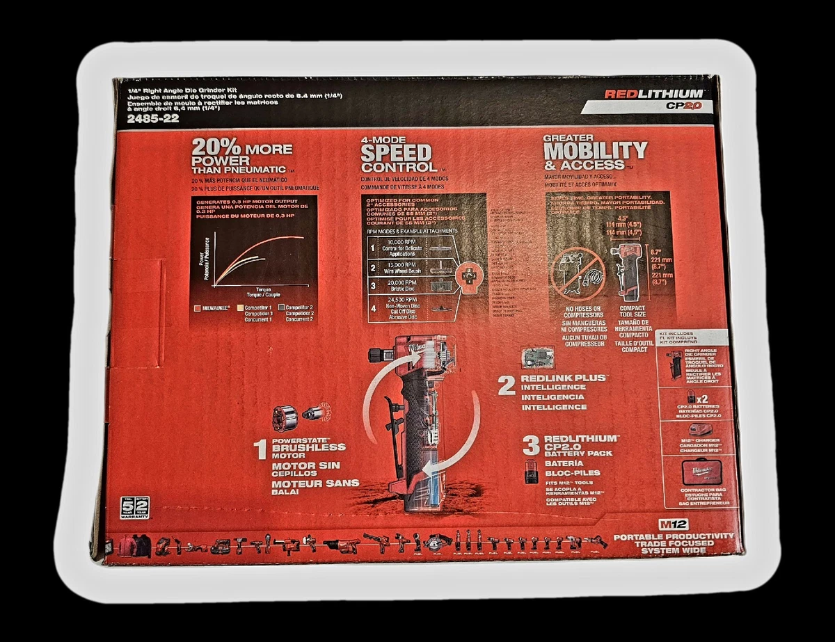 Milwaukee M12 FUEL Cordless 1/4in. Right Angle Die Grinder Kit, Two  Batteries, Model# 2485-22