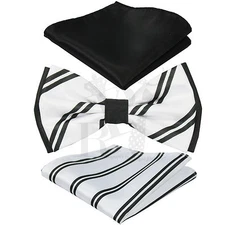 New Men's Stripes Pattern Design Pre-Tied Bowtie or w/ Hanky Set White / Black