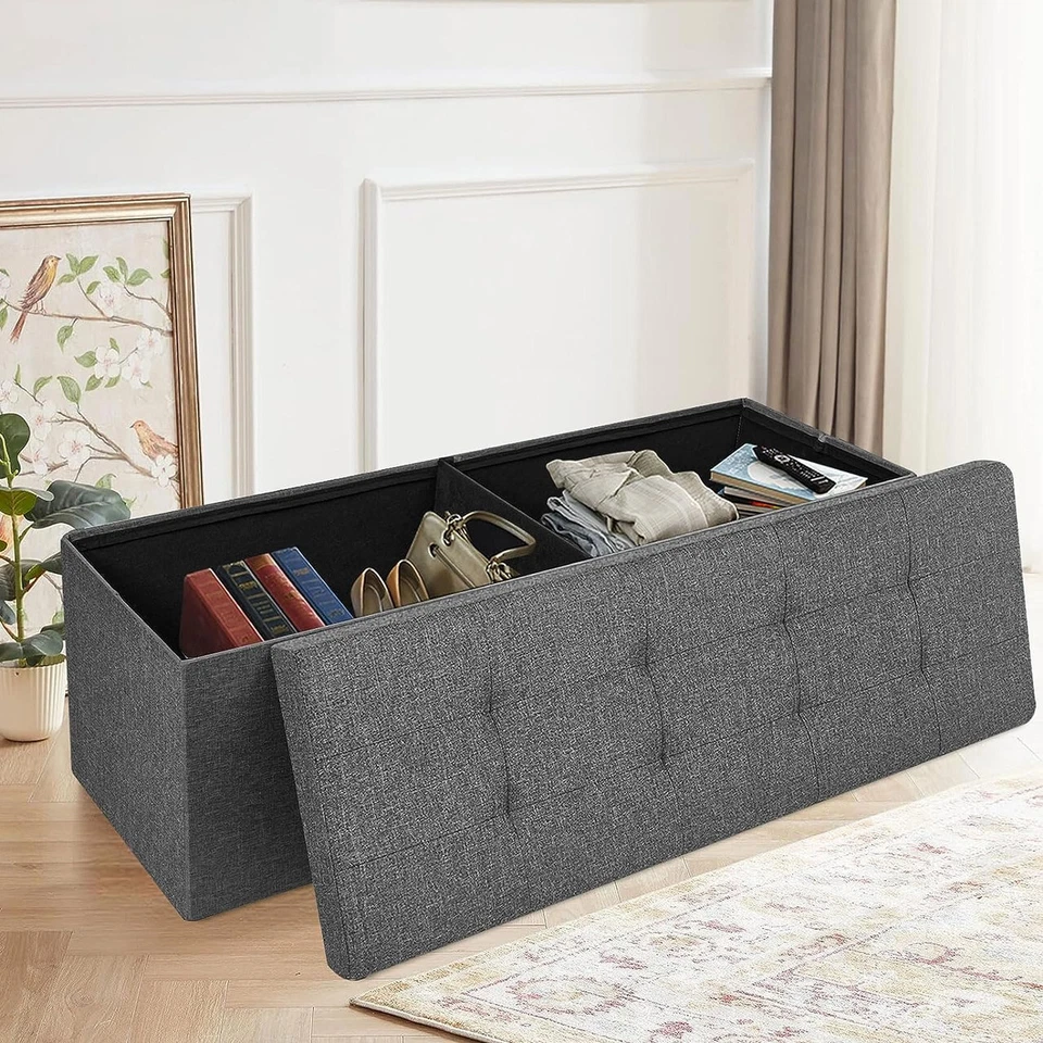 Storage Ottoman Bench Folding Chest Footrest Stool MDF Frame Lid Dark 43" - Image 4 of 4