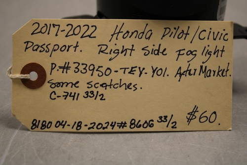 2017 2022 HONDA PILOT/CIVIC/PASSPORT RIGHT SIDE FOG LIGHT - Picture 10 of 10