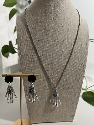 Silver Skeleton Hand Necklace and Earrings set Spooky Emo Hand