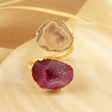 Geode Druzy Double Stone Ring Gold Electroplated Statement Adjustable Ring