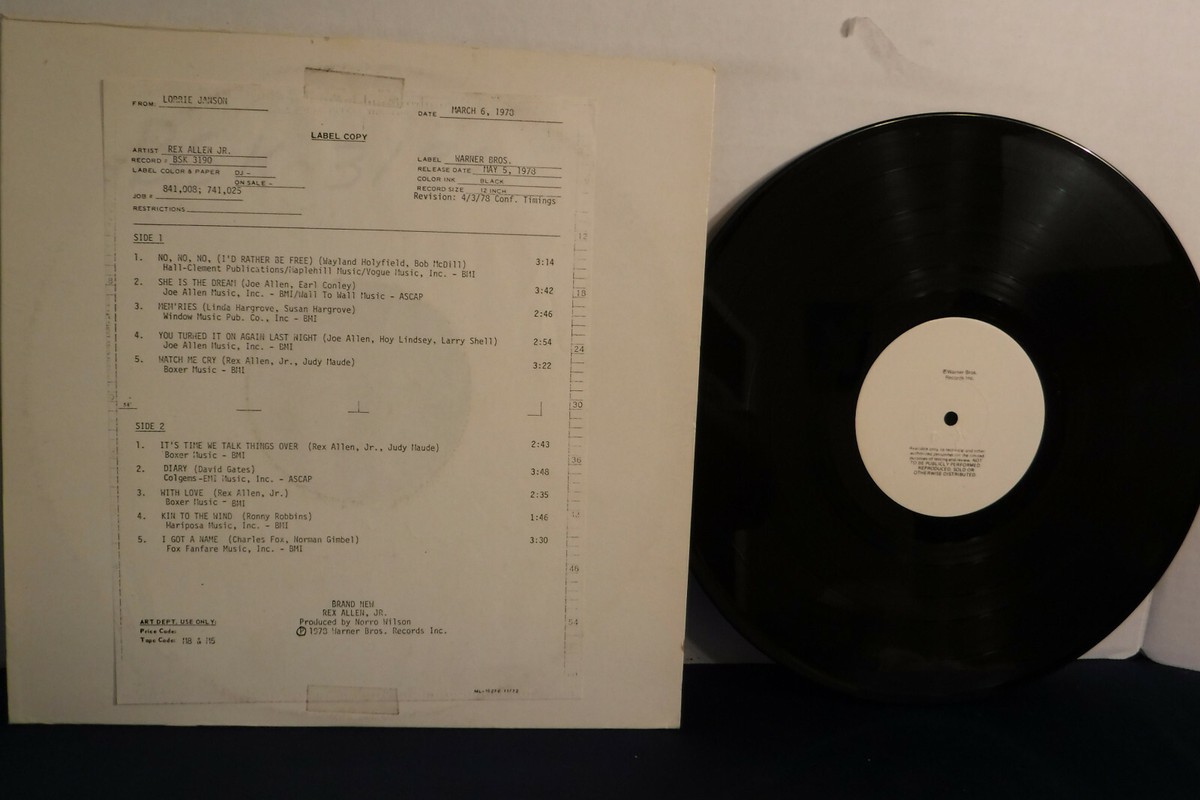 Rex Allen Jr, Brand New, Warner Bros. Records BSK 3190, 1978 Test