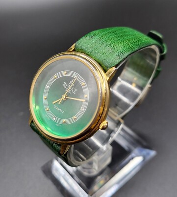 Vintage Remax Japan Green/Gold Tone Ladies Quartz Watch 32mm Leather Strap Works