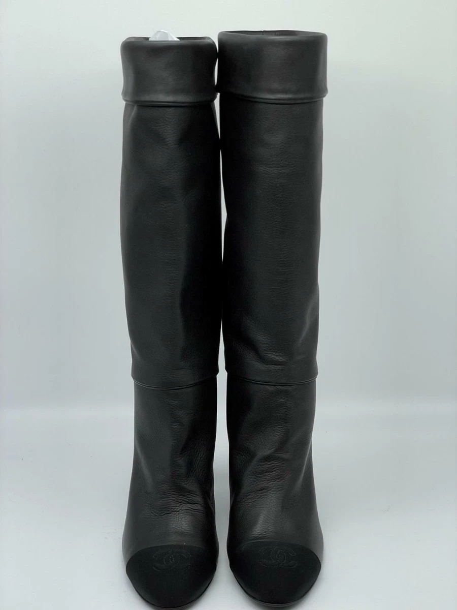 CHANEL 20K Calfskin Leather FoldOver Cuff Tall Knee High Boots Heels 36  $1800